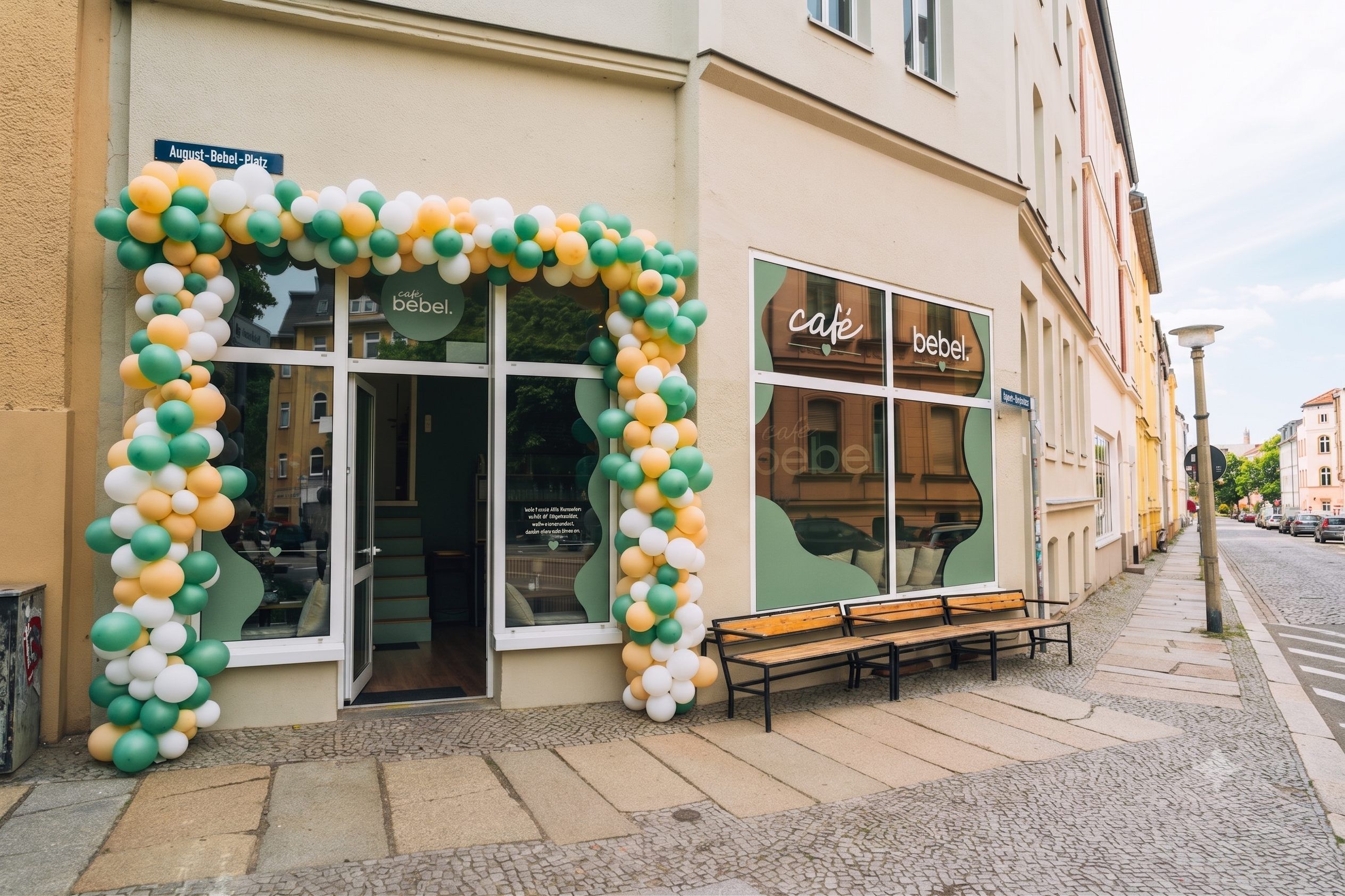 Ladenfront des Café Bebel am August-Bebel-Platz in Halle (Saale), festlich mit Ballonbogen
